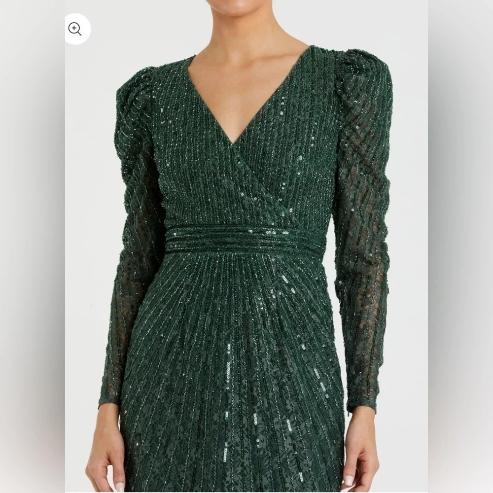 NWT | Mac Duggal 93676 Deep Green Beaded Lace Long Sleeve Midi Dress Size 6